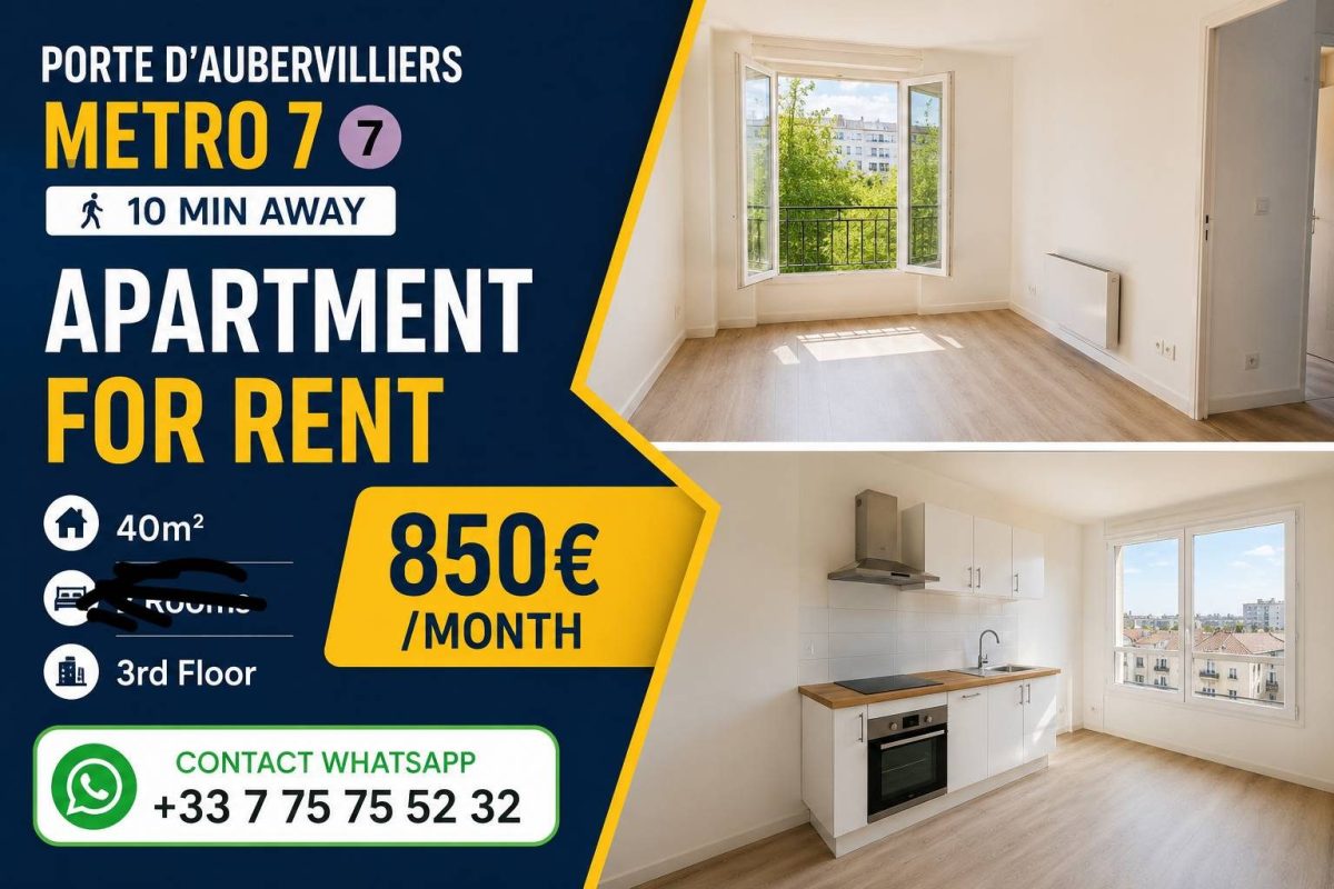 Porte d’Aubervilliers Metro 7 – 10 நிமிட தூரத்தில் 40m² வீடு வாடகைக்கு — 1/1