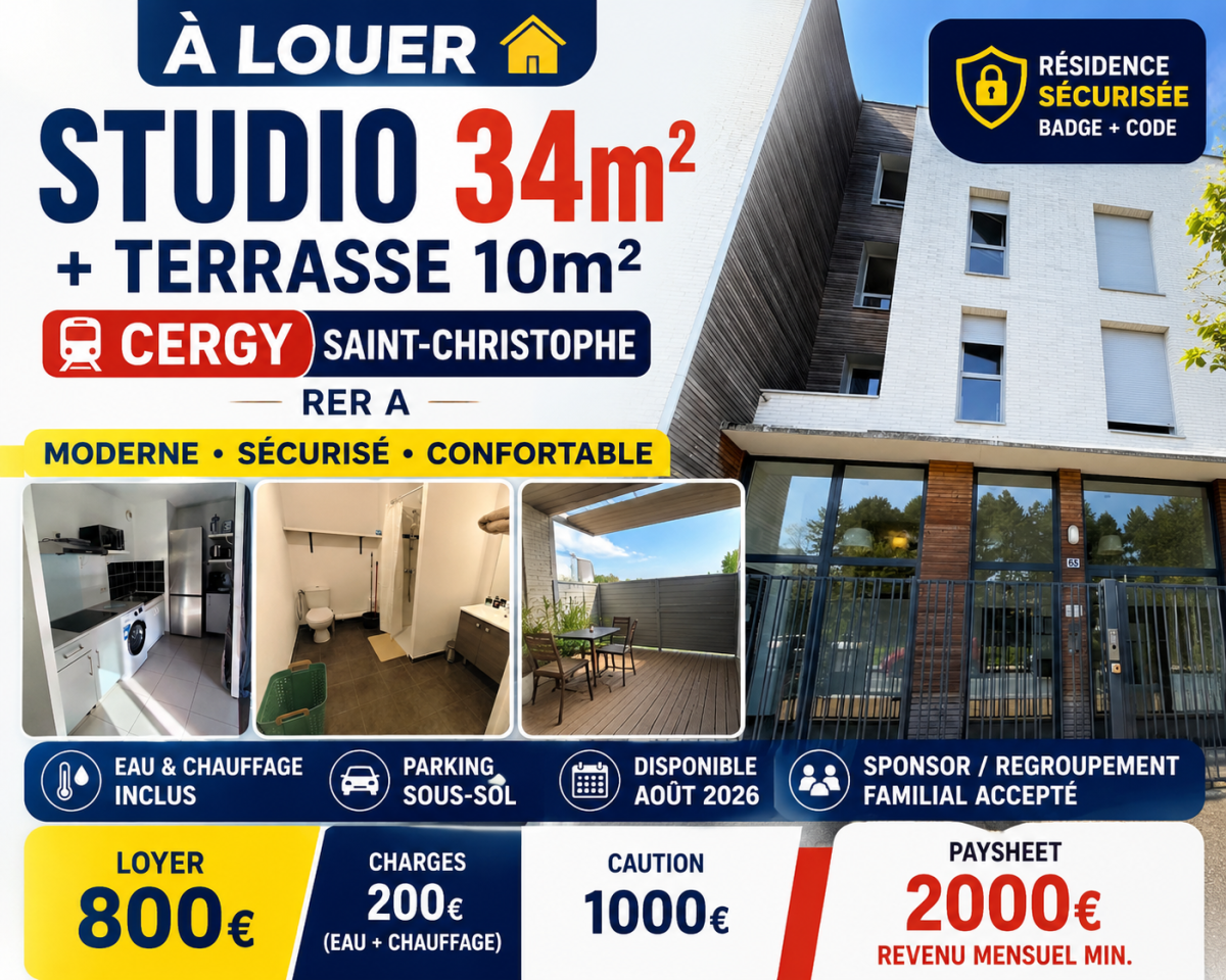 அழகான Studio Apartment வாடகைக்கு | Cergy Saint-Christophe (RER A) பகுதியில் — 1/1